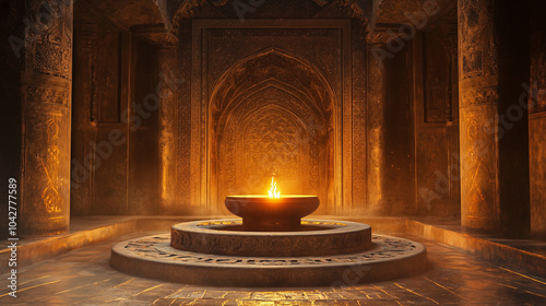 A tranquil Zoroastrian fire temple with a sacred flame glowing brightly inside a beautifully designed dome. v2 photo