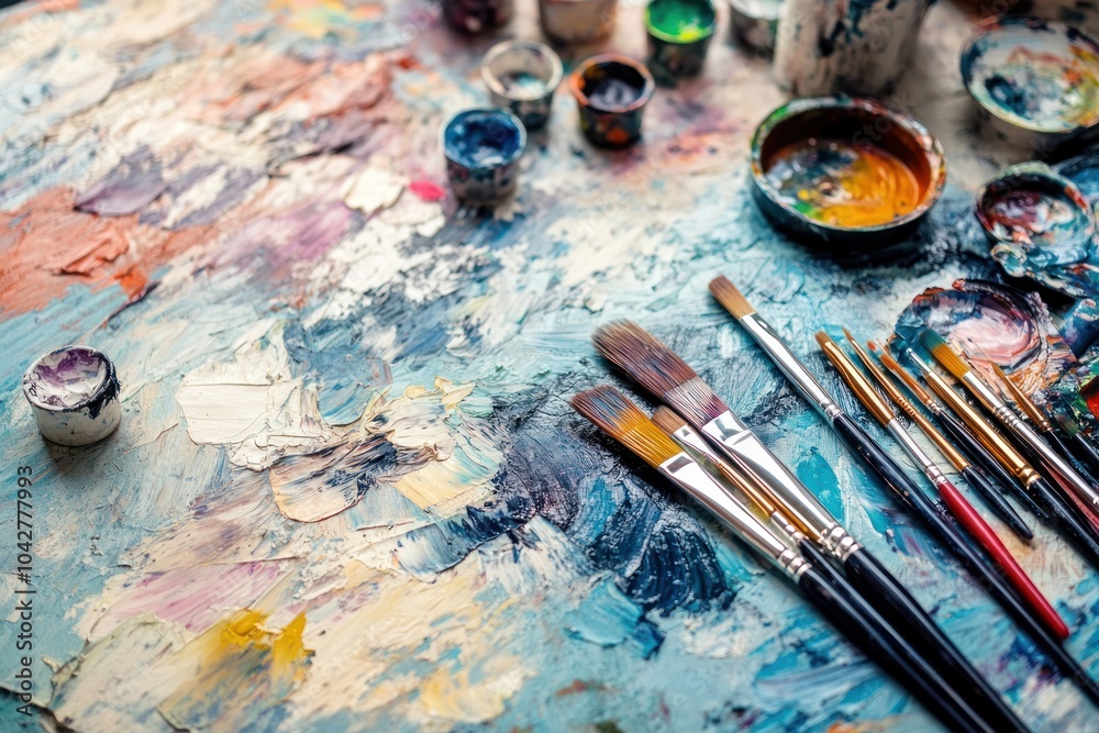Fototapeta premium Artist's Palette with Paintbrushes and Dried Paint