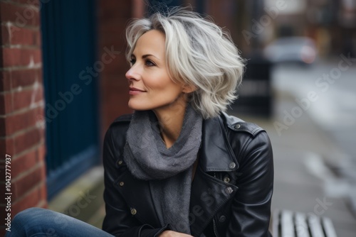 Outdoor portrait of a beautiful woman with short blond hair, wearing a black leather jacket and gray scarf, sitting on a bench in the street.