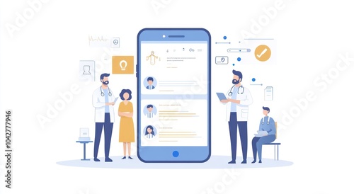 Illustration of healthcare professionals using a mobile app for patient interaction.
