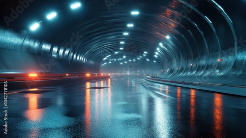 Rendering of a curved tunnel lit by glowing lights with reflections on wet street surfaces modern tech concept