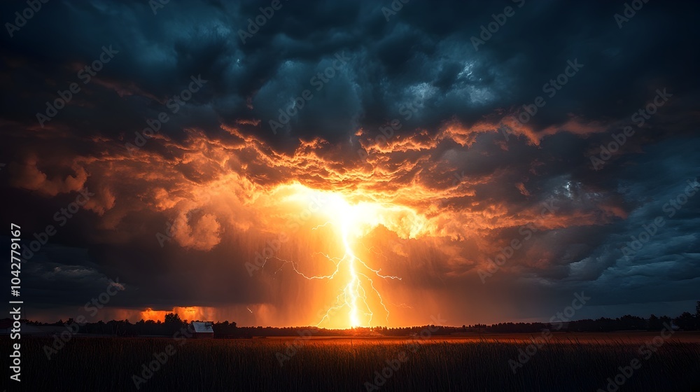 Obraz premium Dramatic Storm Sunset with Striking Lightning Bolt Over Silhouetted Landscape