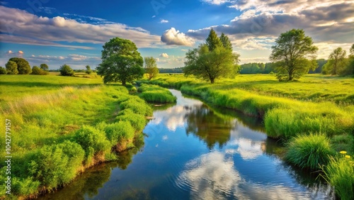 Idyllic meadow scene with gentle stream