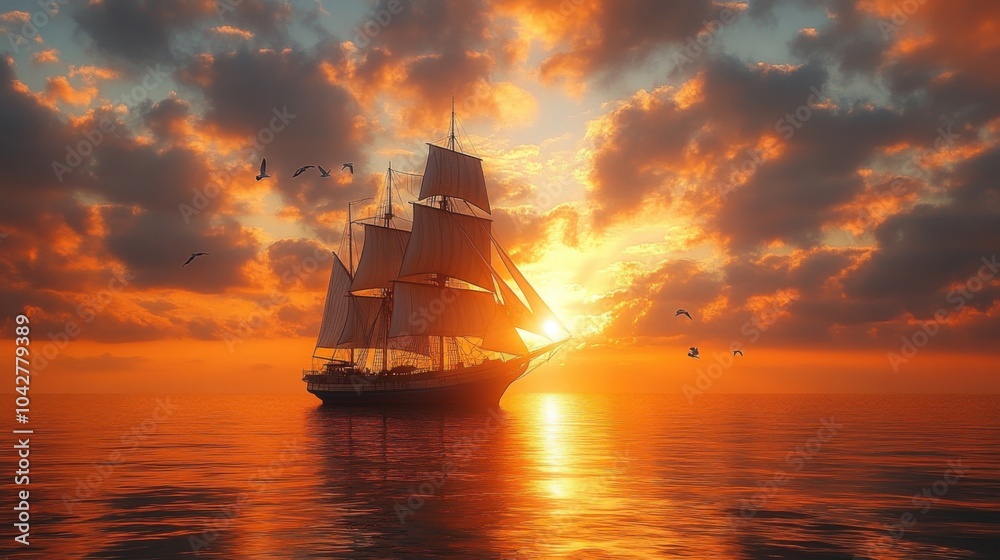 Obraz premium A majestic ship sailing at sunset over calm waters.