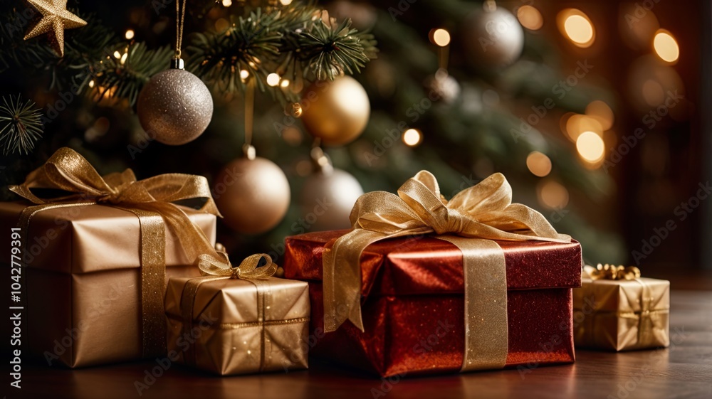 Wrapped Christmas Presents Under a Glowing Tree Wrapped Christmas Presents Under a Glowing Tree