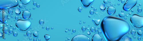 Blue horizontal background with clear water droplets pattern. Realistic 3d vector illustration of smooth waterproof glass or window surface with condensation drop beads. Scattered moisture splatters.