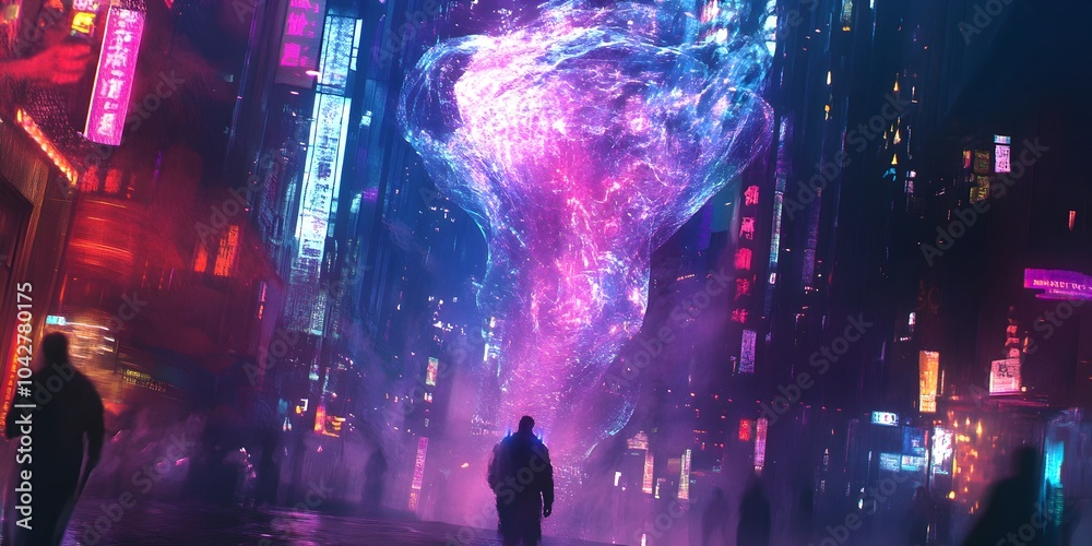 Fototapeta premium Shapeshifting Energy Beings in Futuristic Digital Cityscape with Intricate Light Patterns