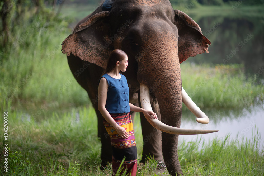Beautiful young woman in Lanna costume with Thai elephant.