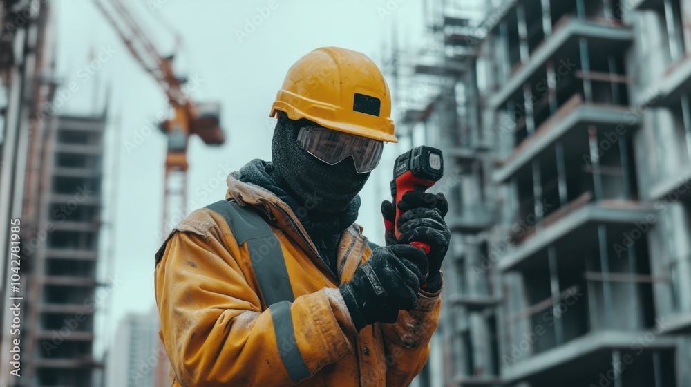 A construction worker in safety gear uses a tool on a building site. A construction worker in safety gear uses a tool on a building site.