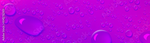 Bright horizontal banner with clear water droplets and puddles pattern on violet background. Realistic 3d vector illustration of smooth glass or window surface with wet weather fresh raindrops.