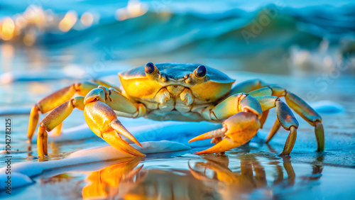 A close-up of a crab's face in a body of water. The crab has large, round eyes and a patterned shell