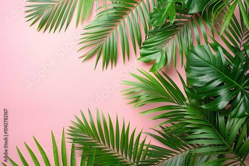 Green palm leaves on a pink background