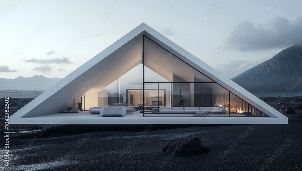 aesthetic futuristic triangular white house in the middle of black desert aesthetic futuristic triangular white house in the middle of black desert