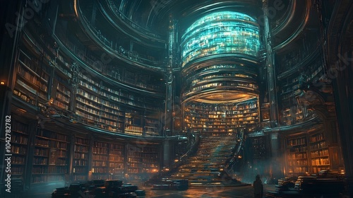 Majestic Futuristic Library Knowledge Forming the Core of a Visionary World