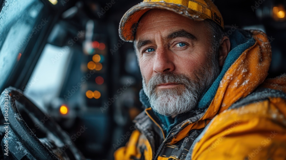 A weathered man in a snowy environment, focused on his work. A weathered man in a snowy environment, focused on his work.
