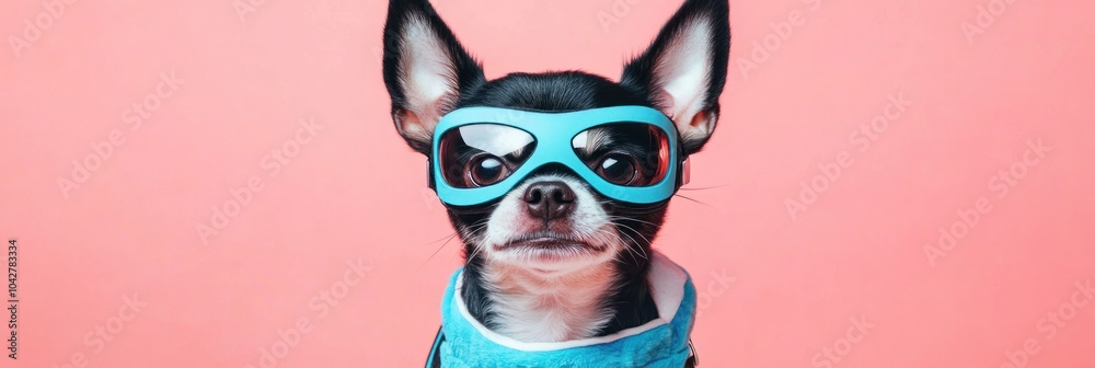 A stylish dog wearing blue sunglasses and a matching outfit against a pink background. A stylish dog wearing blue sunglasses and a matching outfit against a pink background.