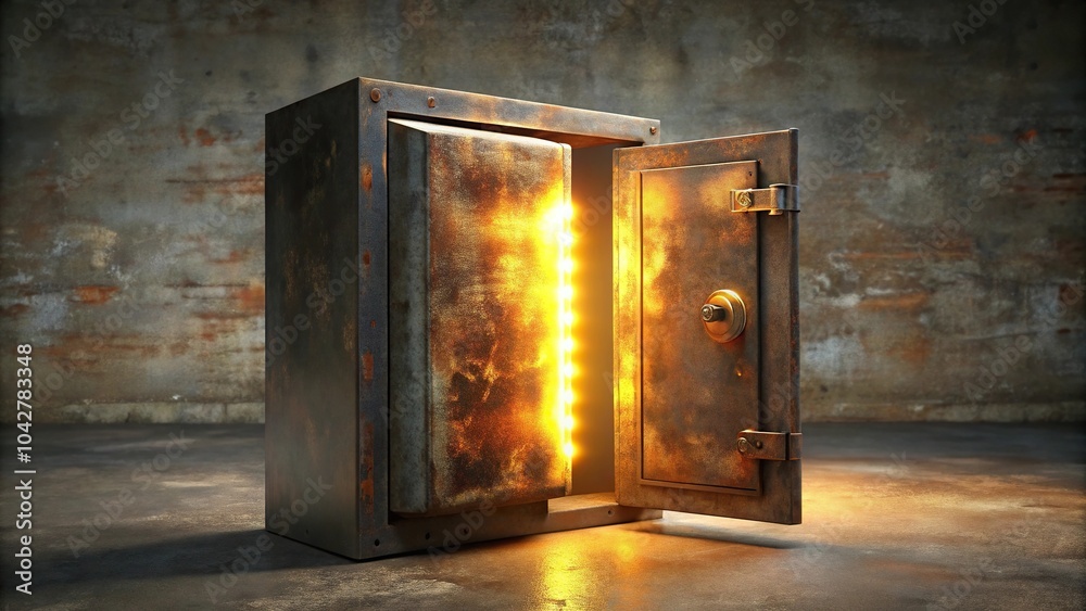 illuminated rusty steel safe with gold light illuminated rusty steel safe with gold light
