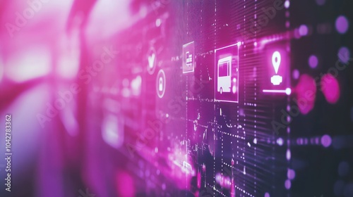 Abstract digital interface with icons representing transportation and connectivity.