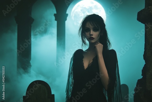 Goth inspired woman in cemetery, fashion and make-up shoot Portrait. Gothic, Goth, Emo, New Wave, Dark style fashion. Dark smokey make-up, red lipstick. Dramatic. Elegant.	
 photo