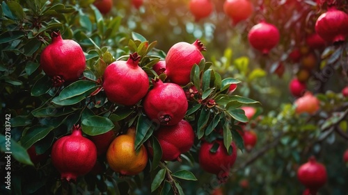 "Lush Pomegranate Tree: Drone View of Ripe Fruits"