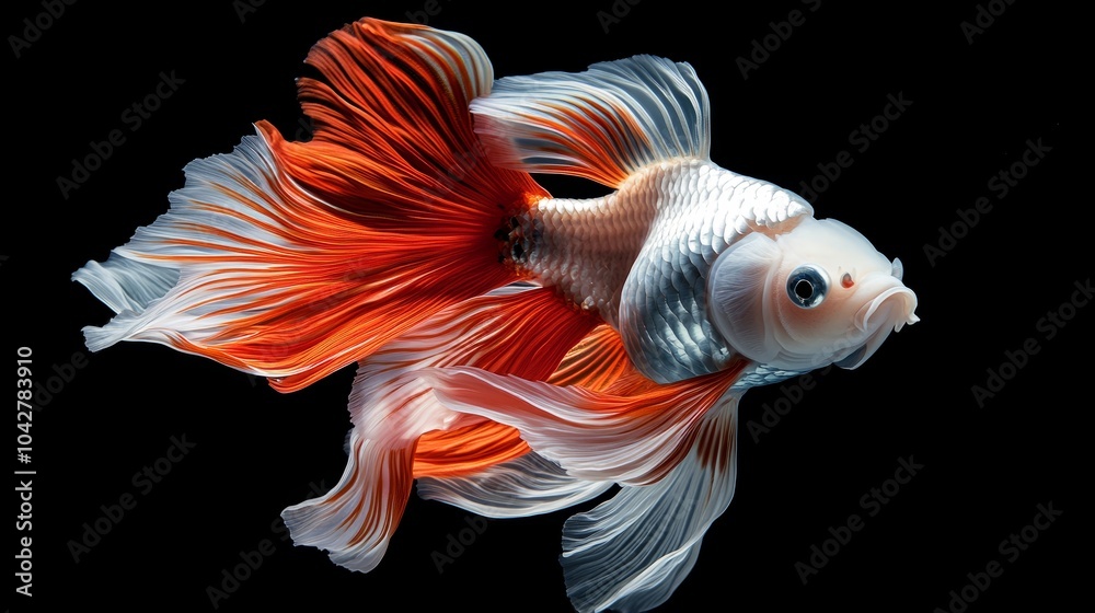 Captivating side view of an Oranda goldfish, emphasizing its flowing fins and wen.