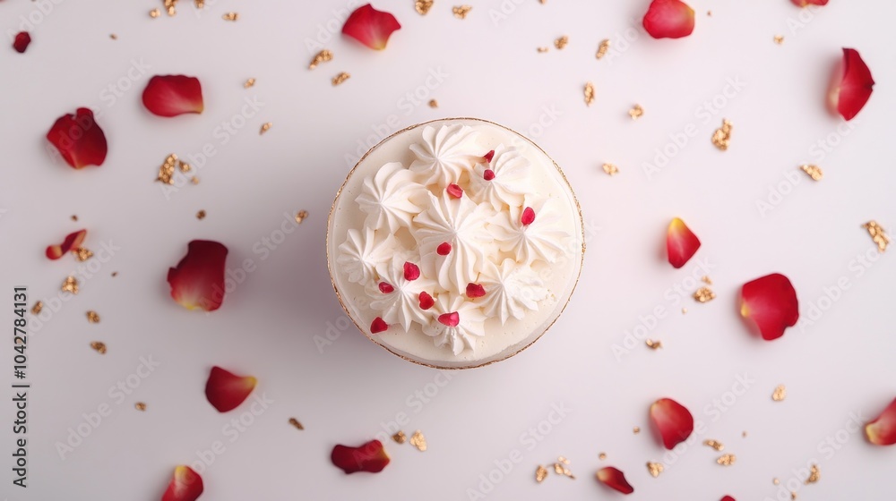 A beautifully decorated cake surrounded by rose petals and golden accents. A beautifully decorated cake surrounded by rose petals and golden accents.