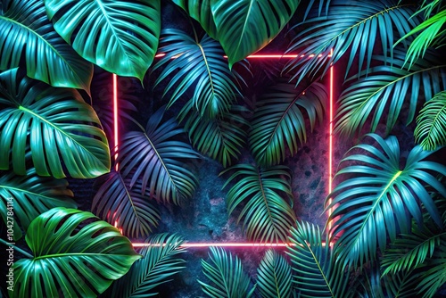 Illuminated tropical leaves in a rainforest with neon frame reflection