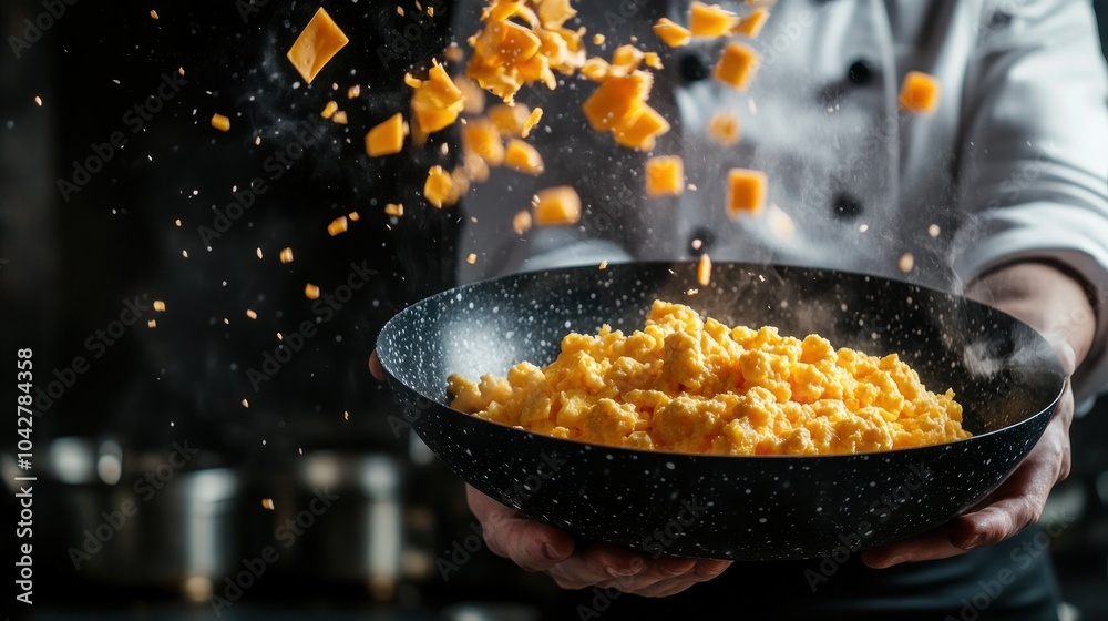 A chef skillfully prepares mac and cheese, tossing cheese into a bowl for a creamy dish. A chef skillfully prepares mac and cheese, tossing cheese into a bowl for a creamy dish.