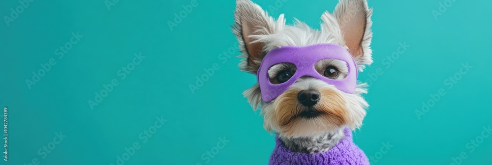 A small dog in a purple superhero costume poses against a turquoise background. A small dog in a purple superhero costume poses against a turquoise background.