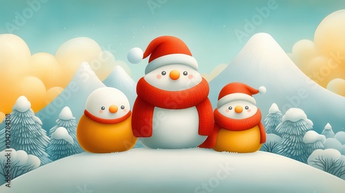 A cheerful winter scene featuring three cartoon snowpeople wearing hats and scarves, set against snowy mountains and a soft, colorful sky. photo