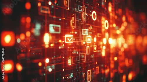 Abstract digital interface with glowing icons and data patterns.