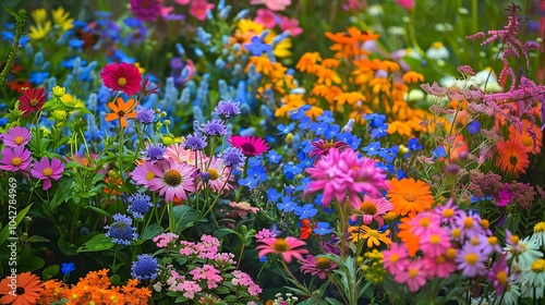 Beside a bed of vivid the herb flowers their colorful petals stretches higher