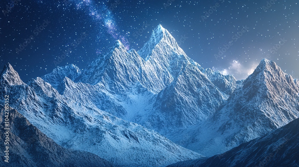 Majestic Snow-Covered Mountain Range Under a Starry Night Sky for Winter New Year's Eve. Stunning Winter Landscape with Crisp White Peaks and Clear Skies, Celebrating Nature's Beauty and the Holiday Majestic Snow-Covered Mountain Range Under a Starry Night Sky for Winter New Year's Eve. Stunning Winter Landscape with Crisp White Peaks and Clear Skies, Celebrating Nature's Beauty and the Holiday