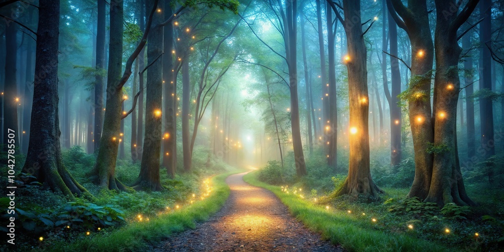 Fototapeta premium Illustration of a mystical forest path illuminated by soft lights from a low angle view