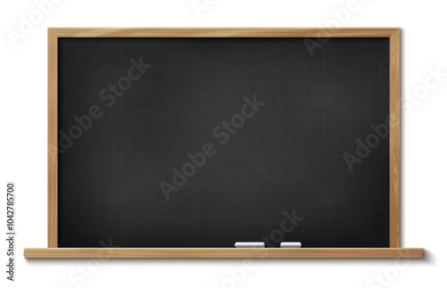 School blackboard isolated on wall background. Vector realistic illustration of black chalkboard with pieces of chalk on shelf, office presentation or classroom interior element, education equipment