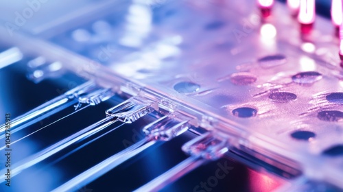 An extreme close-up of a microfluidic organ-on-a-chip device, replicating human organ functions for drug testing, Biomedical technology style photo