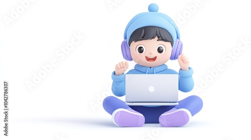 3D Cartoon Man in Blue with Headphones Sitting Cross-Legged Using Laptop in Isometric View, Engaged in Communication or Task on White Background