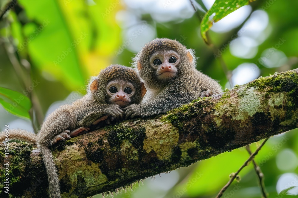 Fototapeta premium Two adorable monkeys resting on a tree branch in a lush, green environment.
