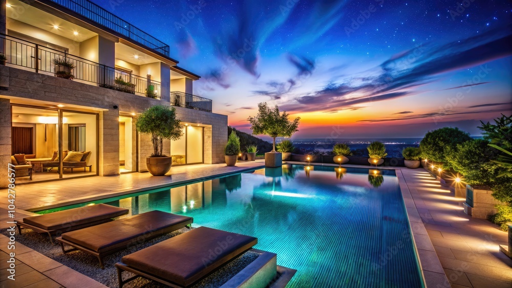 Young Woman in Heated Swimming Pool at Night, Architectural Elegance, Luxury Retreat, Relaxation, Modern Design, Nighttime Serenity, Poolside Escape, Warm Water, Tranquil Atmosphere Young Woman in Heated Swimming Pool at Night, Architectural Elegance, Luxury Retreat, Relaxation, Modern Design, Nighttime Serenity, Poolside Escape, Warm Water, Tranquil Atmosphere