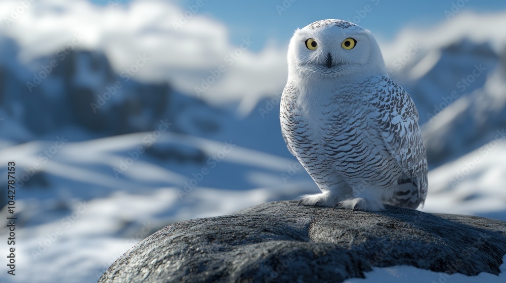 A snowy owl perched on a rock in a serene, snowy landscape. A snowy owl perched on a rock in a serene, snowy landscape.