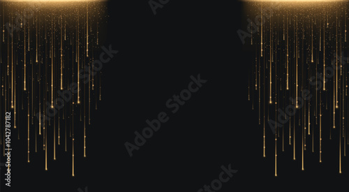 Black luxury background with vertical gold flare light lines with sparkles, particle and glow effect. Realistic 3d vector dark bg with bright golden neon glowing beams border. Magic burst strings.