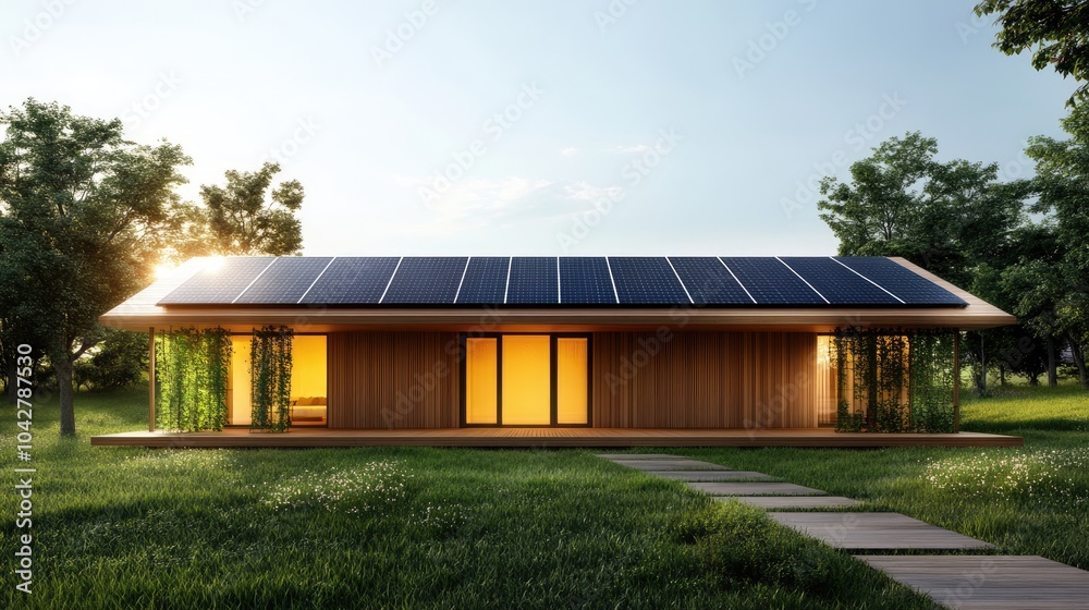 Modern Sustainable House with Solar Panels at Sunset Modern Sustainable House with Solar Panels at Sunset