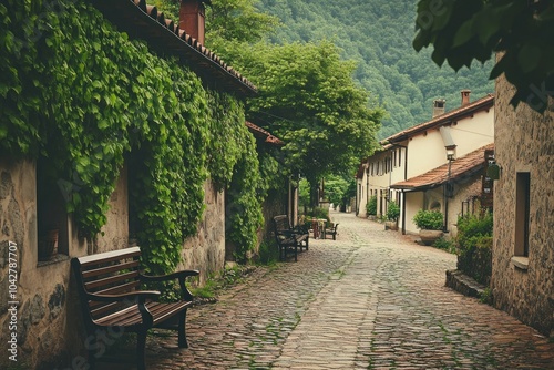 Serene cobblestone path lined with lush greenery and quaint houses.