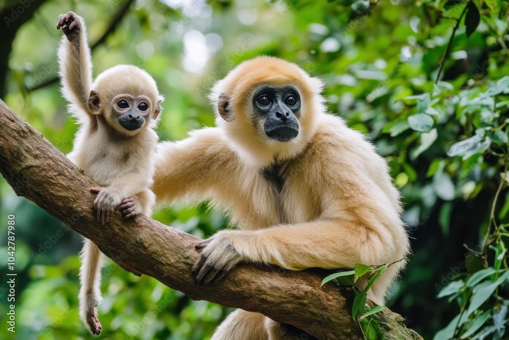 Obraz premium A mother gibbon and her baby perched on a tree branch in a lush green environment.
