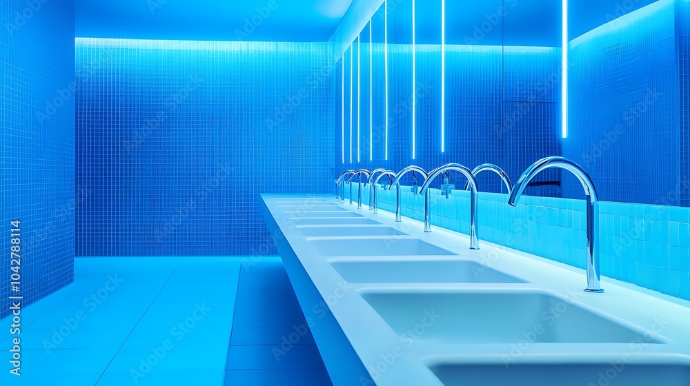 Fototapeta premium Minimalist Blue Bathroom with Modern Linear Sink Installation