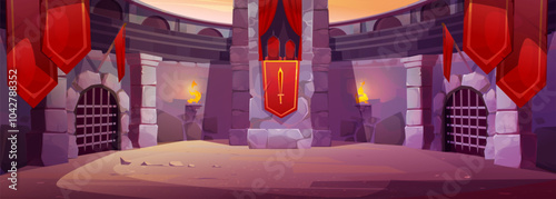 Ancient roman gladiator arena with red imperial flags, fire in torch on wall, lattice gates and royal chairs on tribune. Cartoon vector ancient Greek amphitheater round scene for warrior fighting.