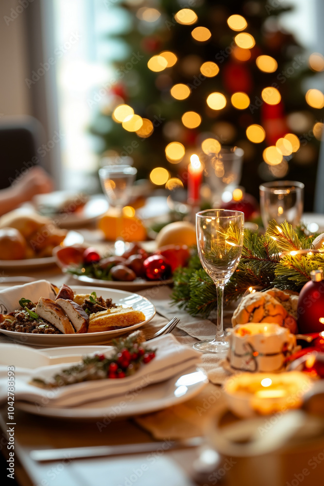 A festive Christmas dinner table with plates of food, wine glasses, and a decorated tree in the background A festive Christmas dinner table with plates of food, wine glasses, and a decorated tree in the background