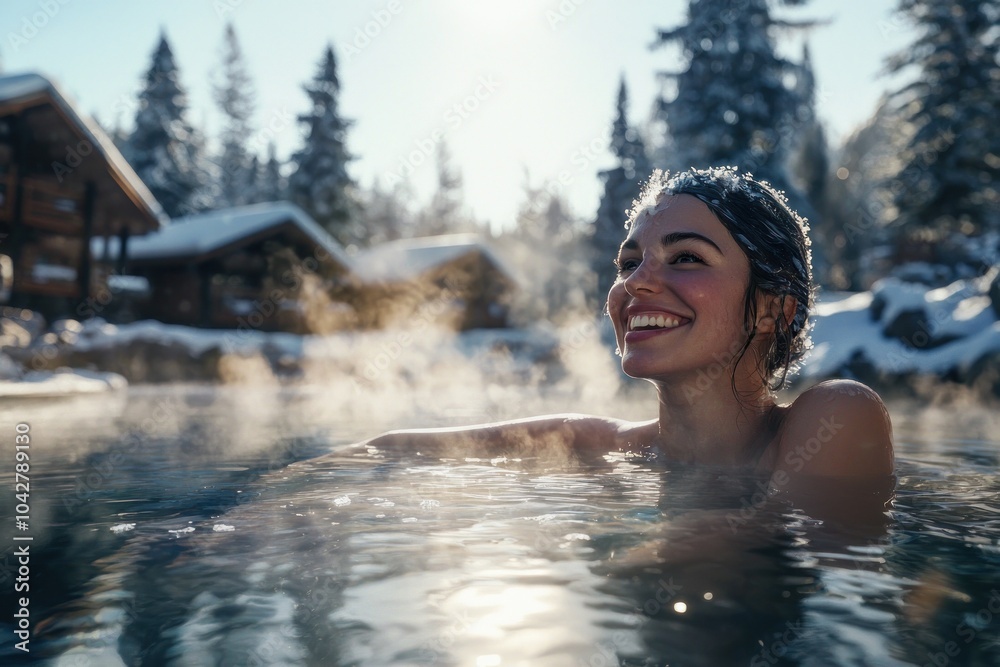 Woman in steaming pool surrounded by cozy winter cabins Woman in steaming pool surrounded by cozy winter cabins