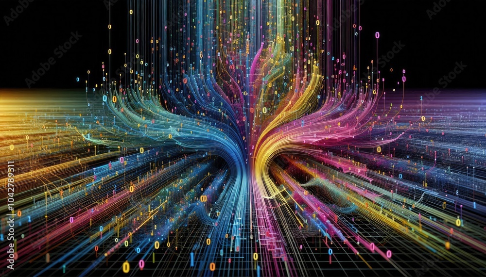 Data Flow Visualization: Converging Streams of Binary Code Representing Machine Learning, Neural Networks, and Data Processing, Transforming Raw Data into Analyzable Patterns