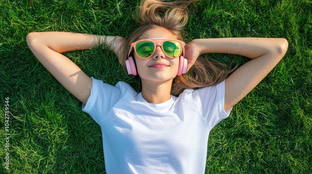 Teenager Relaxing on Grass in Park with Headphones Teenager Relaxing on Grass in Park with Headphones
